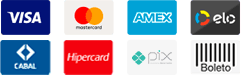 Formas de pagamento aceitas: Visa, Mastercard, Amex, Elo, Cabal, Hipercard, Pix e Boleto